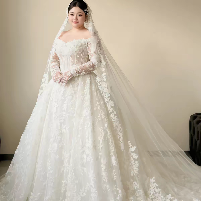 Korean Style Slimming Off-The-Shoulder Long-Sleeve Lace Wedding Dress with White Train 100kg Plus Size Bridal Gown Korean Style Slimming Off-The-Shoulder Long-Sleeve Lace Wedding Dress with White Train 100kg Plus Size Bridal Gown