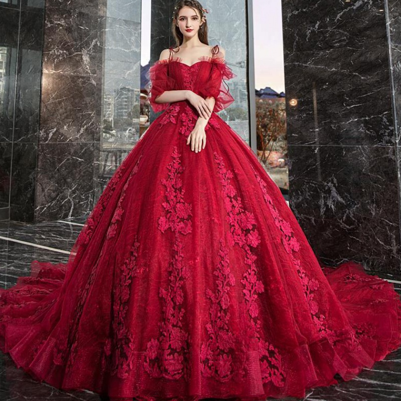 Red Wedding Dress 2026 New Style Bride Forest Style Maternity Dress to Cover Belly Small Size Plus Size Off-Shoulder with Train