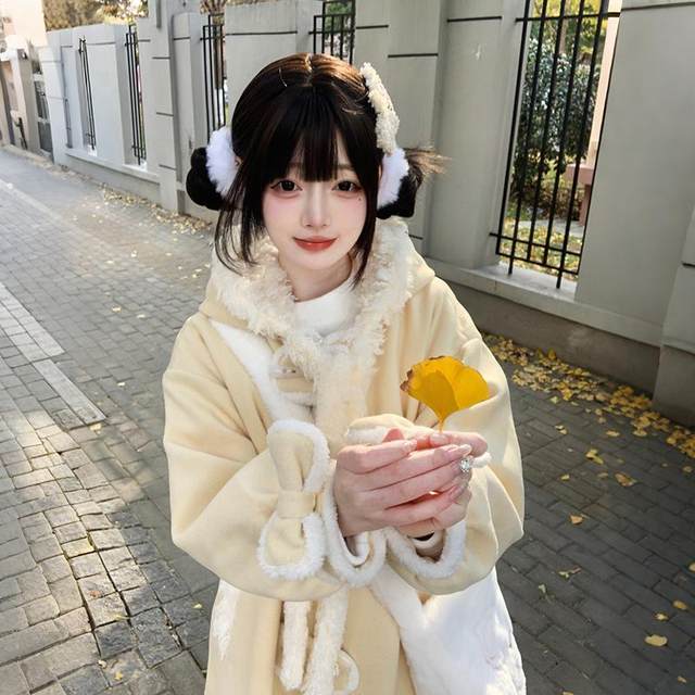 Winter long preppy style horn button coat woolen coat