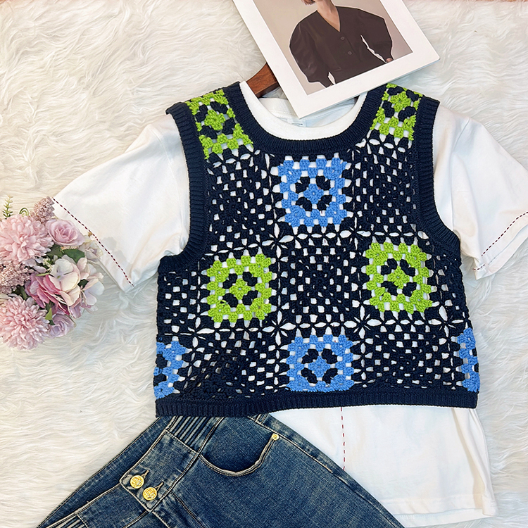 Knitfree Xu Ruohan's Same Style Hollow-Out Blue-Green-Black Sweater Vest Knit Top Cover-Up for Summer