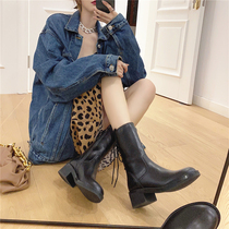 2020 new Inlan wind coarse heel high heel genuine leather lacing Martin boots female handsome rider in the boot Locomotive Boots Woman