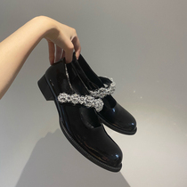 2021 spring new round head shallow mouth leather one word buckle belt single shoes flat shoes rhinestone thick heel shoes women tide