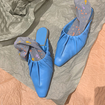 2021 summer new leather blue sandals square head pleated buns flat slippers one-step Mueller half-drag