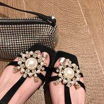2021 summer new open toe with flat sandals female Pearl Rhinestone leather fairy wind Roman sandals women