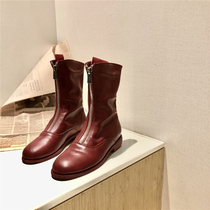 Washed Vegetable Tanned Cow Leather Midtube Boots Genuine Leather Front Zipper Inglém Wind Short Boots Woman 310 boots Short-cylinder rider Locomotive Boots