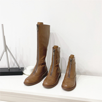Limited cowhide Brown ~ leather front zipper flat Knight boots High Boots Boots Boots women winter