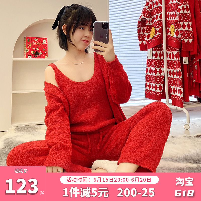 Red Pyjamas Woman Autumn Winter Ben Year Wedding Plus Suede Thickened Festive Christmas Coral Suede Home Suit New