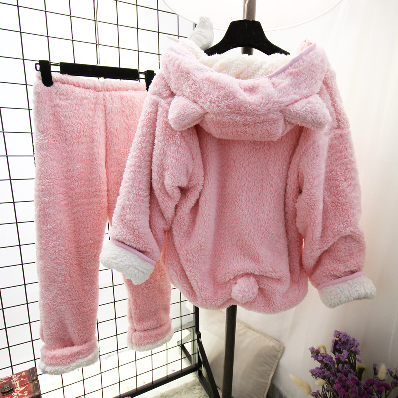 Cat ears coral velvet pajamas women's winter suit plus velvet double layer thickened warm long-sleeved cute autumn and winter home clothes