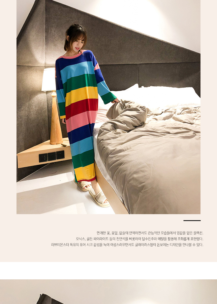 Váy sọc cầu vồng nữ mùa thu cotton dài tay thả lỏng dài dễ thương phiên bản Hàn Quốc của bộ đồ ngủ cỡ lớn phục vụ mùa đông đầm trắng dự tiệc