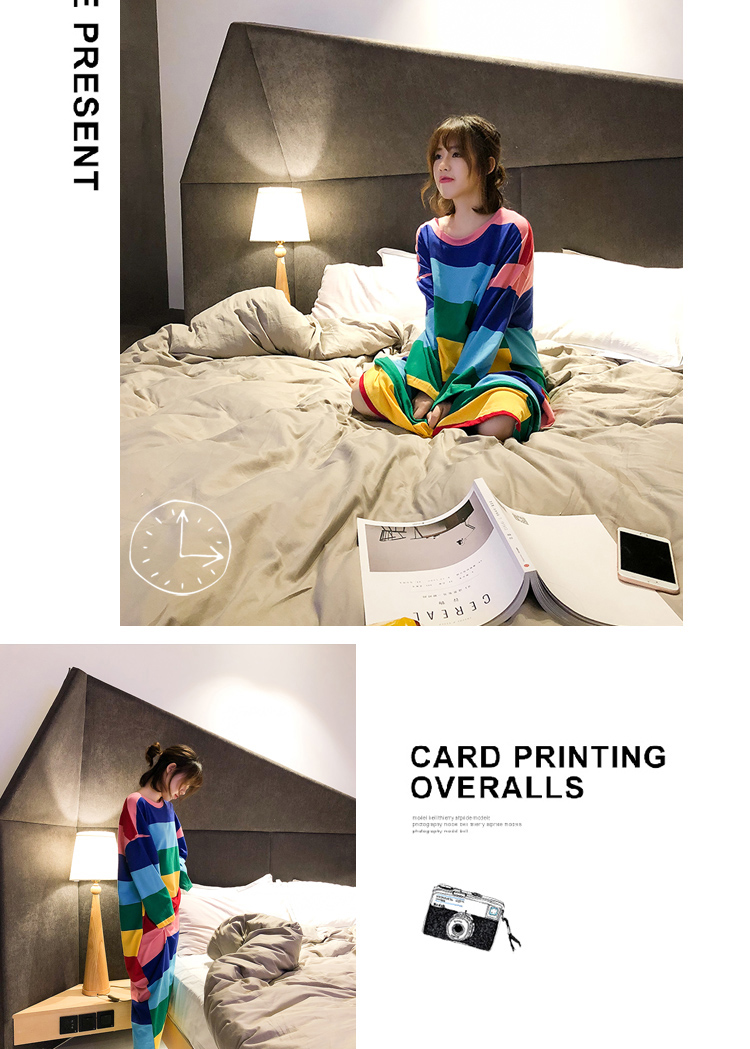 Váy sọc cầu vồng nữ mùa thu cotton dài tay thả lỏng dài dễ thương phiên bản Hàn Quốc của bộ đồ ngủ cỡ lớn phục vụ mùa đông đầm trắng dự tiệc