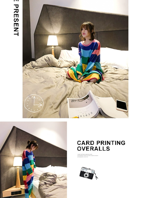 Váy sọc cầu vồng nữ mùa thu cotton dài tay thả lỏng dài dễ thương phiên bản Hàn Quốc của bộ đồ ngủ cỡ lớn phục vụ mùa đông váy đầm dễ thương