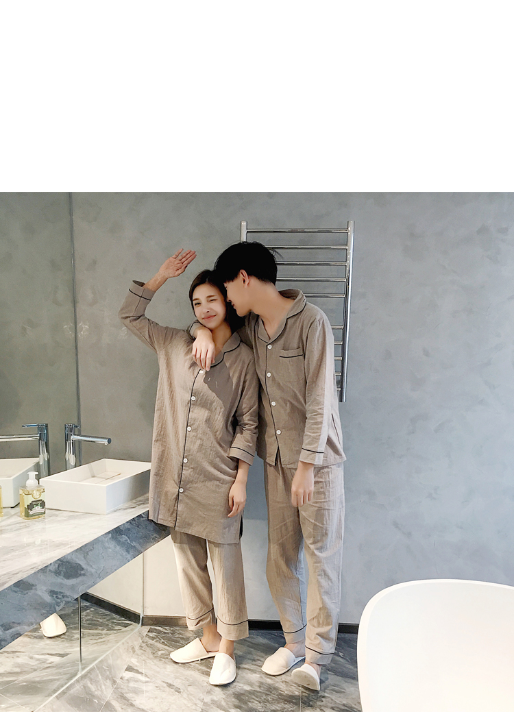 Màu cà phê Nhật Bản vài chiếc áo sơ mi đơn giản phiên bản Hàn Quốc của đồ ngủ bằng vải cotton và vải lanh dài tay phù hợp với nam và nữ dịch vụ mùa xuân và mùa thu bộ pijama