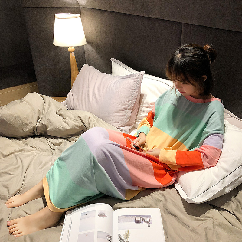 Rainbow Striped Sleeping Dress Woman Spring Autumn Pure Cotton Long Sleeve Loose Long Version Dress Cute Large Size Pregnant Woman Pyjamas Palate Clothing Home Clothing
