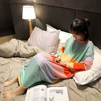 Váy sọc cầu vồng nữ mùa thu cotton dài tay thả lỏng dài dễ thương phiên bản Hàn Quốc của bộ đồ ngủ cỡ lớn phục vụ mùa đông váy đầm dễ thương