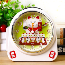 Multifunctional lucky cat small alarm clock mute with night light plastic alarm clock children music alarm clock wake up artifact orbbing