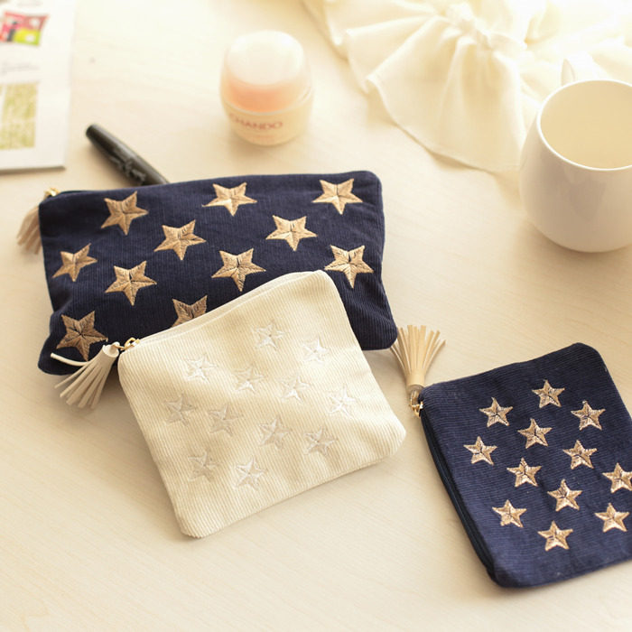 Day Single Retro Embroidery Stars Pull Chain Deep Blue Rectangular Makeup Bag Small Number Cashier Bag Aunt Sanitary Bag