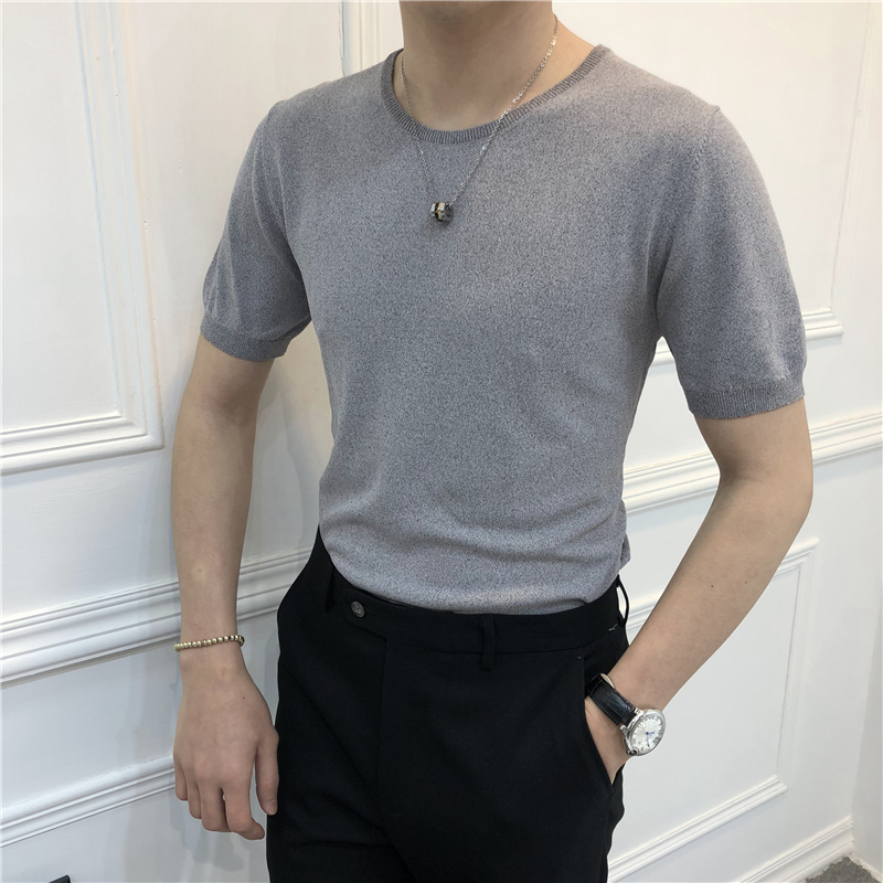 Jiemo mùa hè 10 màu băng lụa nửa tay áo đan ngắn tay T-Shirt nam thanh niên thoáng khí tự trồng căng đáy áo len triều