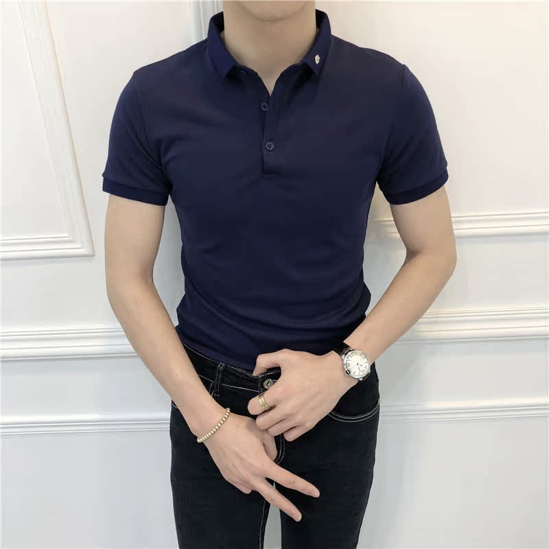 18 mùa xuân và mùa hè mới màu rắn Slim phiên bản Hàn Quốc của áo thun polo tay ngắn co giãn nam thanh niên đơn giản áo thun Paul áo sơ mi polo