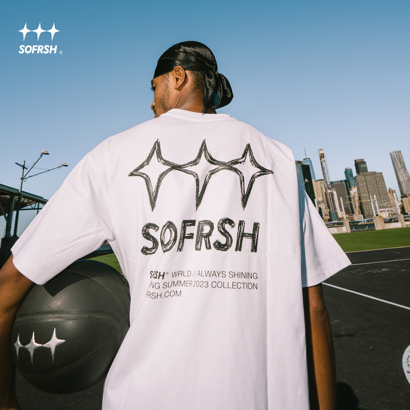 Sofrsh Men's Short-Sleeved T-Shirt American High Street Trendy Graffiti Star Logo Top Round Neck Heavy Cotton Loose Summer