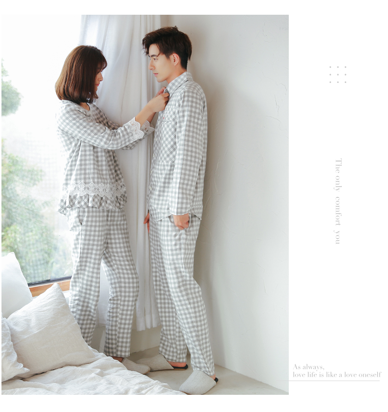 Pabangnu new casual couple đồ ngủ cotton của phụ nữ dệt kẻ sọc cardigan nam giới có thể mặc bên ngoài dịch vụ nhà phù hợp với mùa thu đồ bộ vải đũi