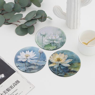 Watercolor lotus round coasters, cups, tea cups, anti-heat and anti-slip creative water cups, heat insulation pads, desktop, Nordic style, ins