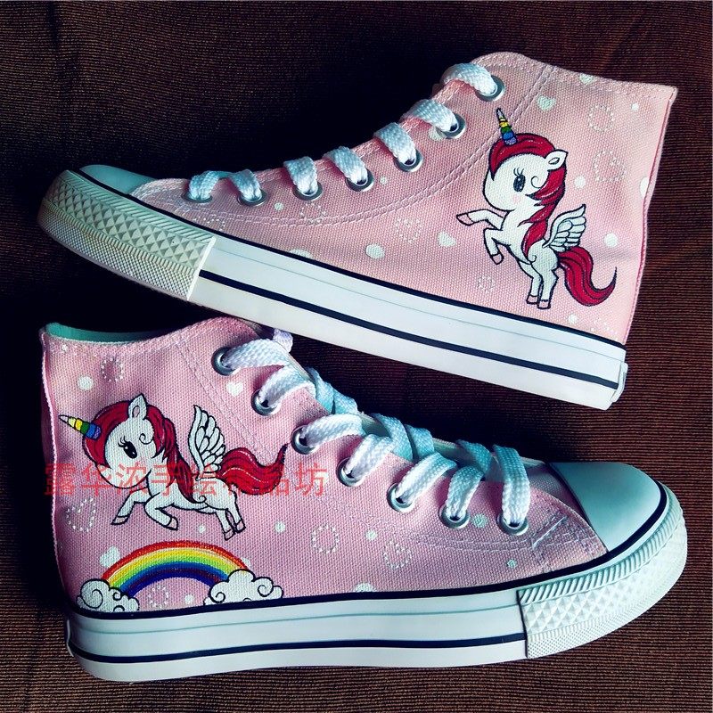 Hand-painted shoes high-top canvas shoes spring and autumn women's pink unicorn cartoon student all-match graffiti shoes custom