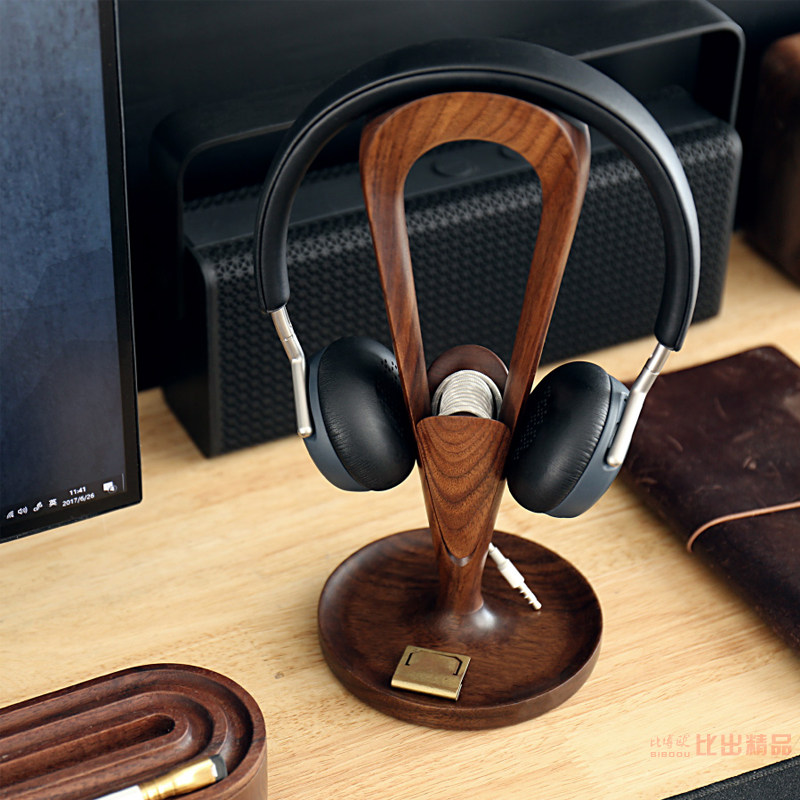 Headset stand headset stand black walnut solid wood bracket desktop bookshelf headphone rack hanger display stand