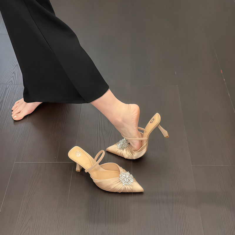 Super Soft Sheepskin ~ Closed-Toe Half Slippers for Women 2026 Summer New Sandals Women's Pointed Toe Rhinestone Stiletto High Heels Women
