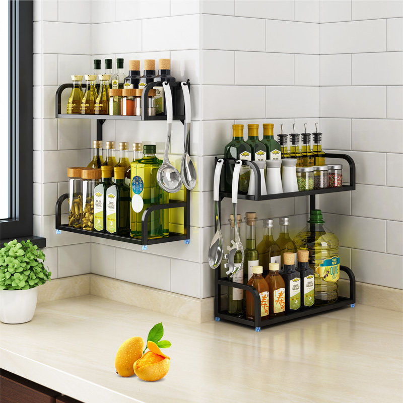 Kitchen Seasoning Pint Box Shelving Oil Salt Sauce Vinegar Bottle Double Containing Layer Shelf Stainless black Noodle Province Space