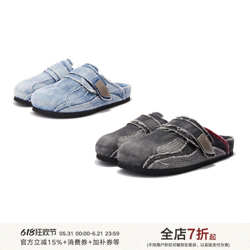 Taichiism Washed Matte Hand-Distressed Red-Toe Birkenstock Mules Denim Birkenstock Slippers