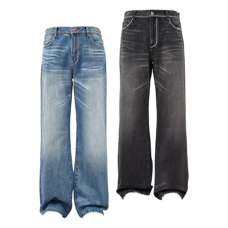 Taichiism "Mottled Black Cowhide Straight-Leg Loose Washed Natural Cat Whiskers Ice Blue Hand-Stitched Denim Jeans