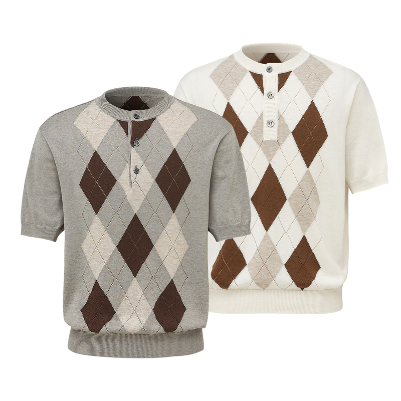 Taichiism “British Lattice” Knitted Patchwork Plaid Fair Isle Wool Blend Polo Knitted Short Sleeve