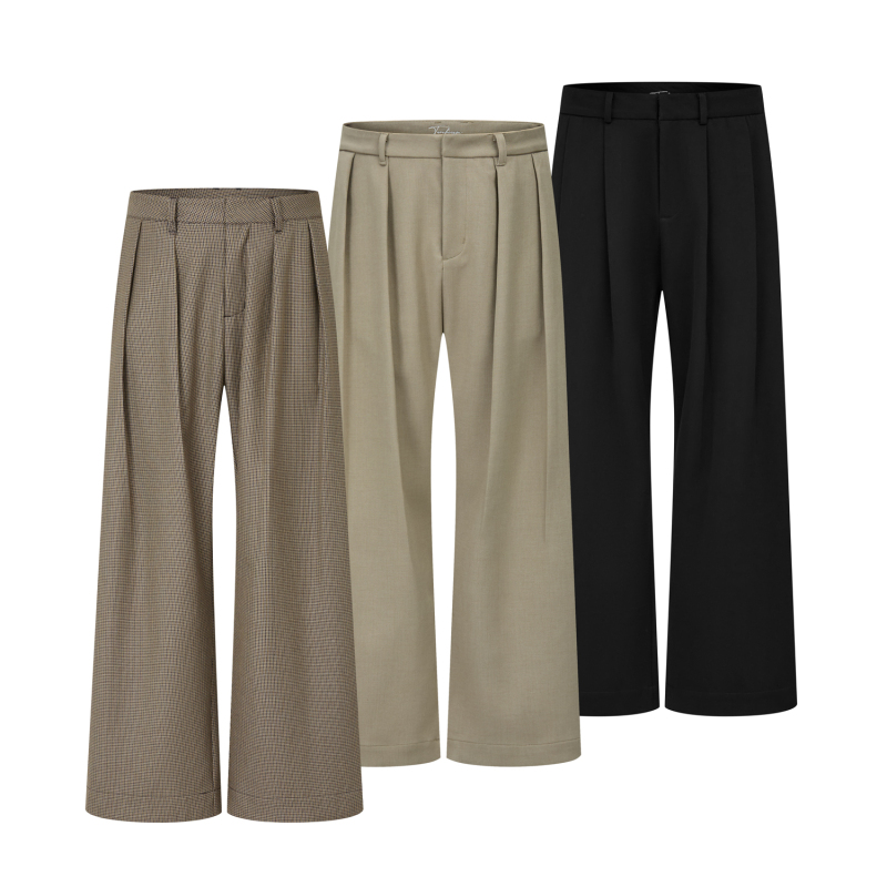 Taichiism Spring Style Scimitar Pleated Wide-Leg Versatile Three-Dimensional Houndstooth Wool Trousers with Hemmed Waistband Long Pants Taichiism Spring Style Scimitar Pleated Wide-Leg Versatile Three-Dimensional Houndstooth Wool Trousers with Hemmed Waistband Long Pants