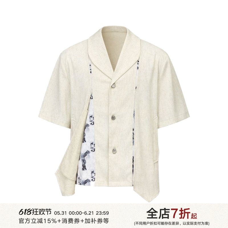 Taichiism “Deconstructing the Palace” Artistic Floral Print Patchwork Irregular Breathable Linen Short-Sleeve Shirt