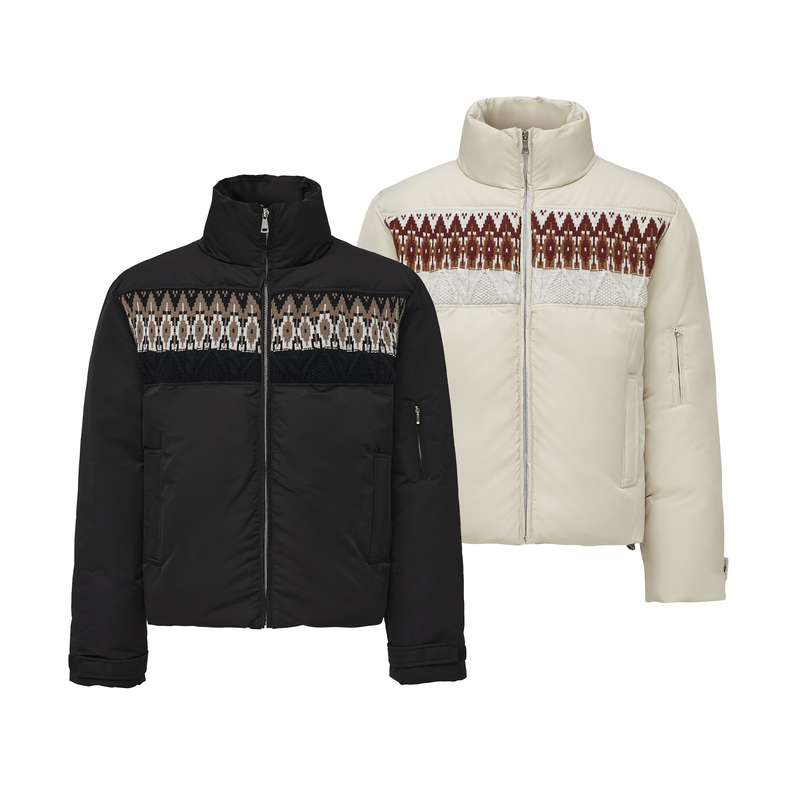 Taichiism Mercerized Wool 90% Fleece Fair Isle Patchwork Short Wide Stand Collar down Jacket