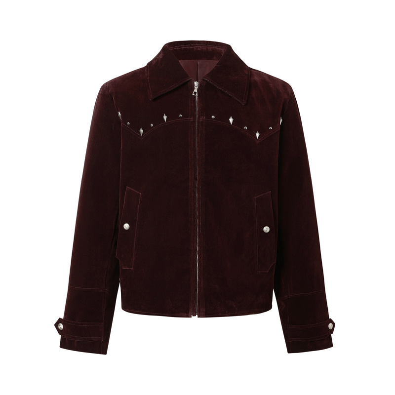 Taichiism 26Fw “Red Night” Velvet Flocked Denim Short Elegant Studded Lapel Western Jacket