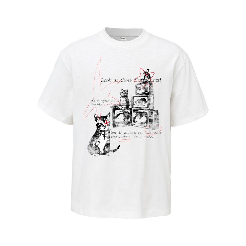 Taichiism Summer American-Style Vintage Digital Washed Graffiti Cat Print Niche Design Casual Short-Sleeve T-Shirt