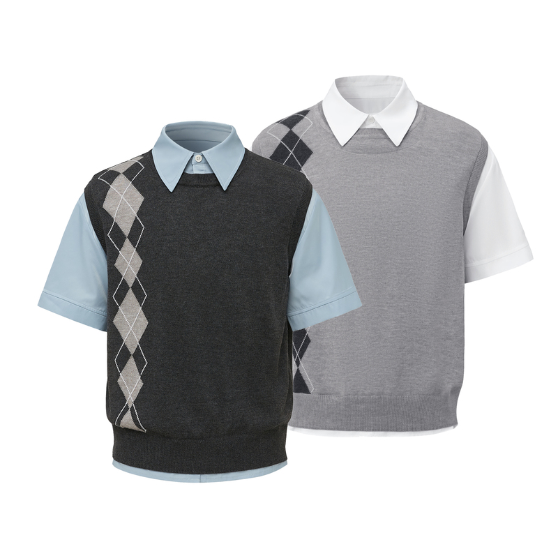 Taichiism “Misconception” Nerd Diamond Pattern Relaxed Wool Patchwork Short-Sleeve Shirt Fake Two-Piece Summer