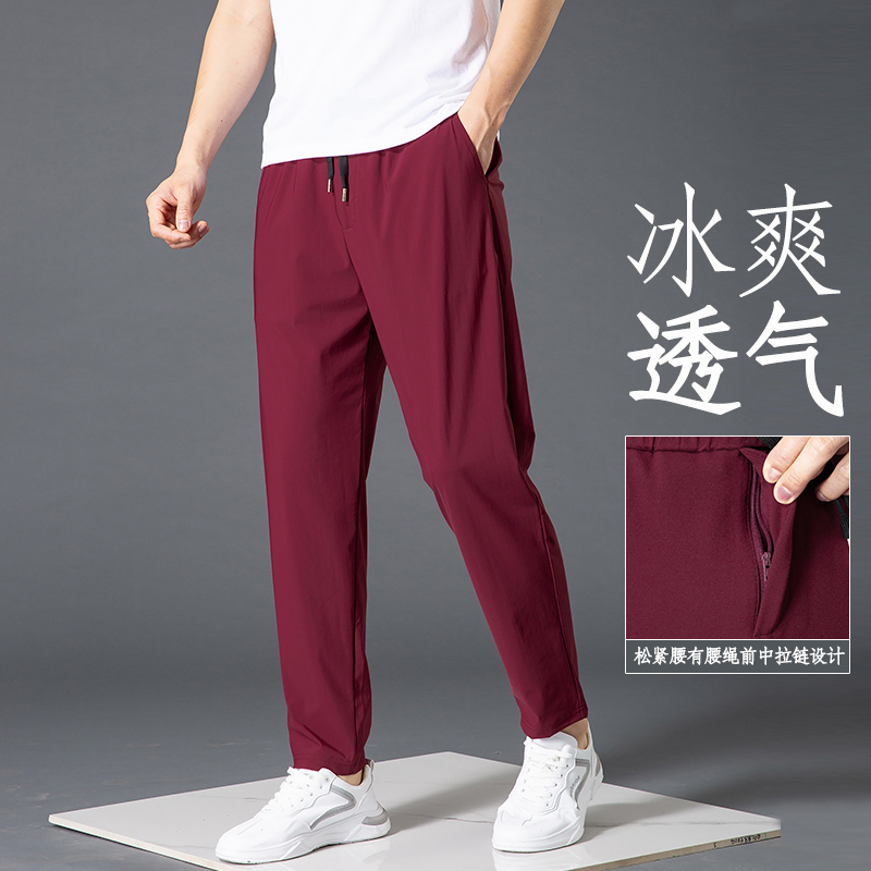 Men's Harem Pants, Summer Thin Long Pants with Front Zipper, Burgundy, Loose Fit, Tapered, Stretchy, Sporty Casual Pants Men's Harem Pants, Summer Thin Long Pants with Front Zipper, Burgundy, Loose Fit, Tapered, Stretchy, Sporty Casual Pants
