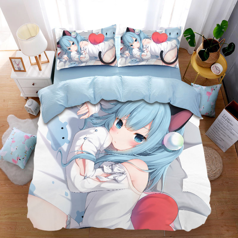 Children's cartoon cotton four-piece anime cat feather shizuku cotton bed three-piece bed set cute girl sheet - Taobao