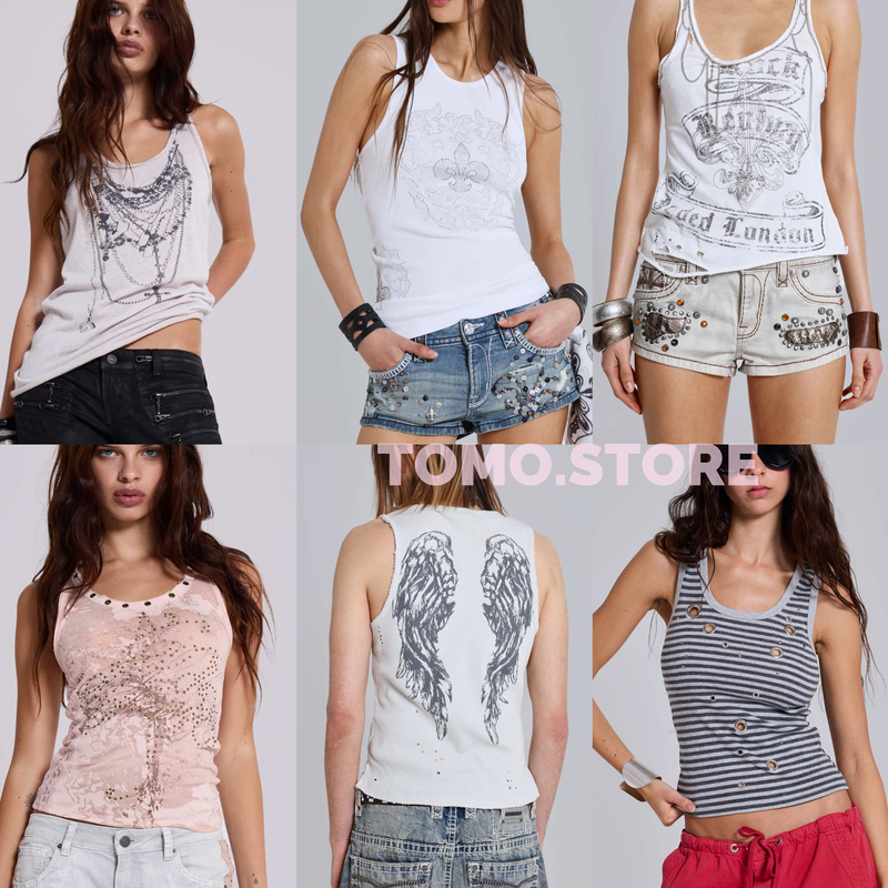 Jaded London Retro Hottie Millennium Rhinestone Chain Angel Wings Print Vest Unisex