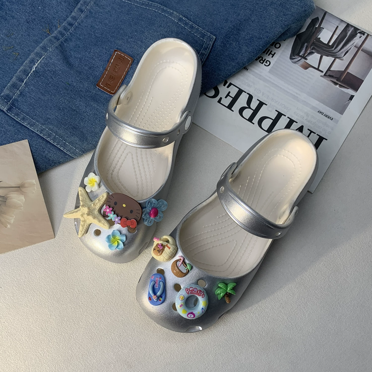 Летние слипоны в стиле Crocs, милые сандалии для отдыха, нескользящие пляжные мюли, леопардовый принт, стиль balletcore, подходят для уличной носки