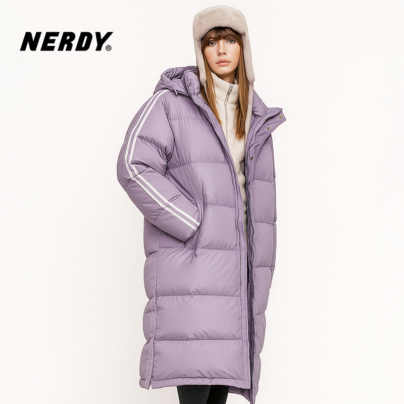 Nerdy Women's Mid-Length down Jacket, Double Stripe, Loose Fit, Thickened, Hooded down Jacket, Couple Style, Clearance Sale