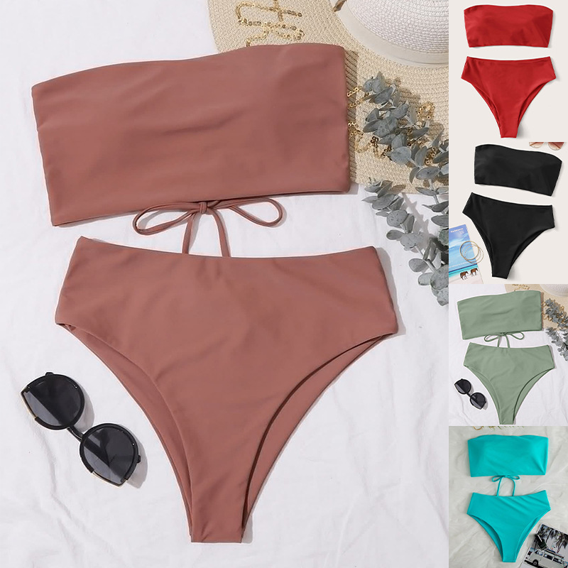 New European and American Style Solid Color Lace-Up Sexy Bikini Bandeau Two-Piece Swimsuit for Women Sexy Bikini Swimsuit