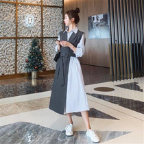 VOGCHAR stitching fake two-piece shirt collar dress 2021 new femininity Hepburn style mid-length