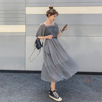 VOGCHAR fried street denim stitching chiffon retro dress 2021 summer goddess fan fashionable Korean version of Hong Kong style