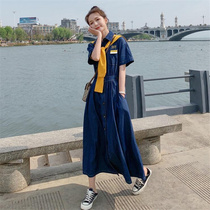 VOGCHAR retro contrast color denim skirt is thin and loose dress long summer 2022 new shawl Hong Kong style