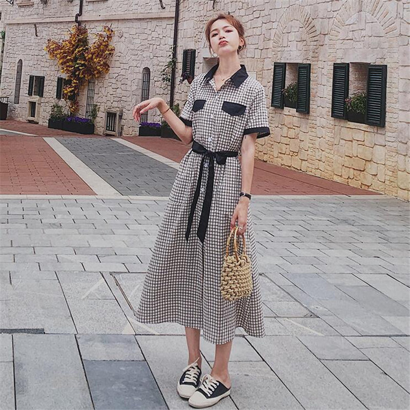 VOGCHAR French plaid shirt collar dress female 2021 new summer waist slimming retro Hepburn style