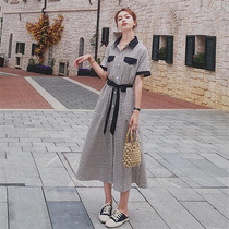 VOGCHAR French plaid shirt collar dress female 2021 new summer waist slimming retro Hepburn style
