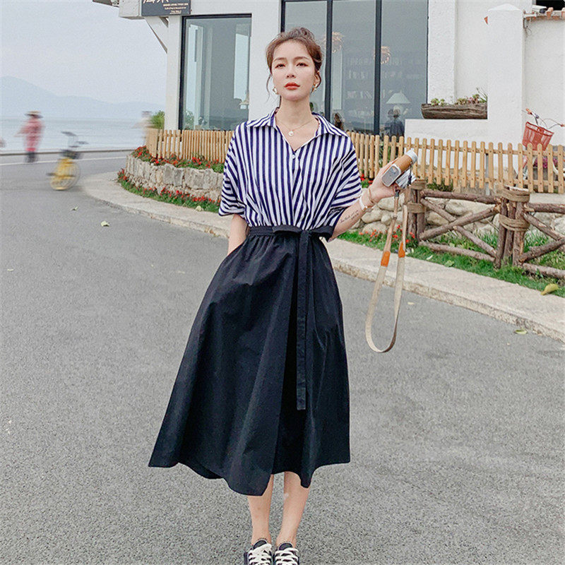 VOGCHAR shirt collar stitching temperament Hepburn style dress women 2021 new summer Hong Kong style loose mid-length skirt